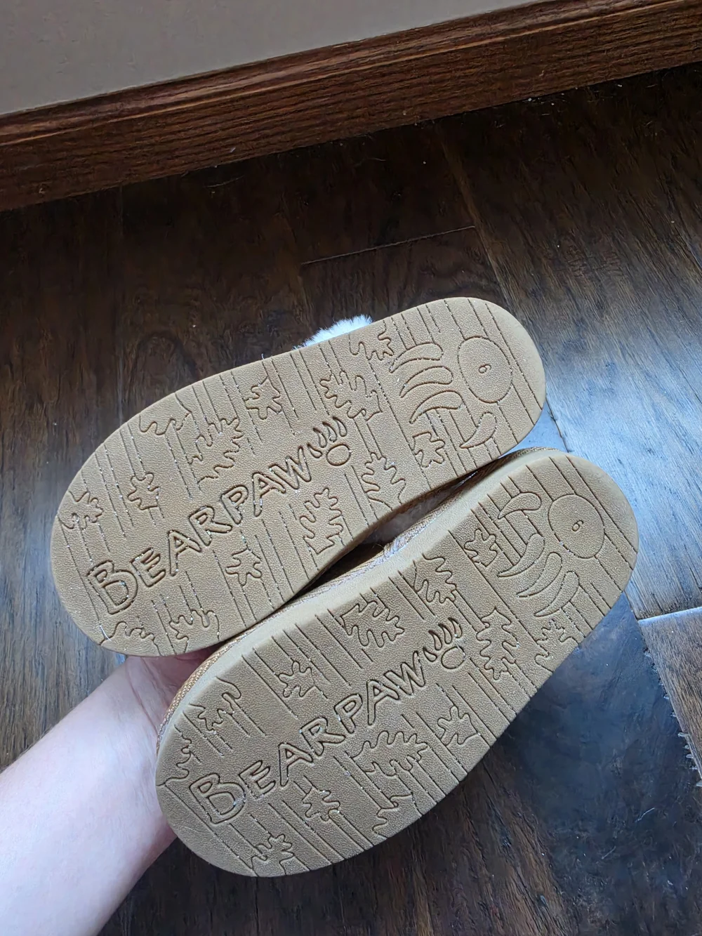 BearPaw Kids Tan Suede Slippers with Cream Shearling Cuff - SIZE 9